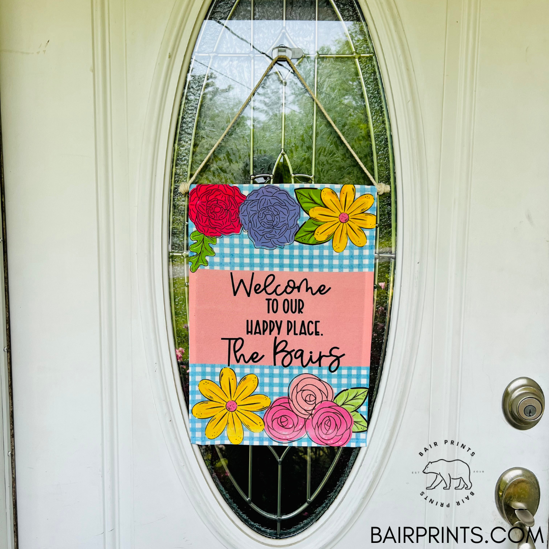 Welcome to Our Happy Place Personalized Blue Check Floral Door Flag