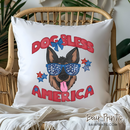 Dog Bless America pillow with a Shepard  in sunglasses