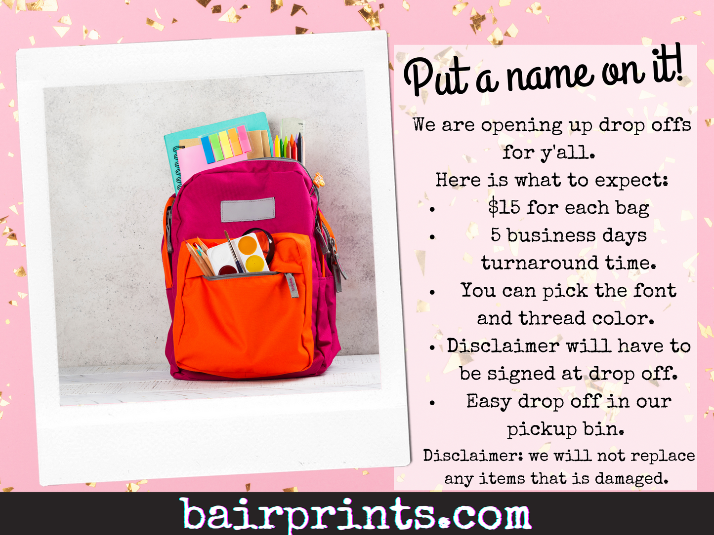 Bag Personalization. For drop off only.