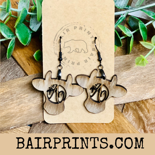 Cow Monogram Wood Dangle Earrings.