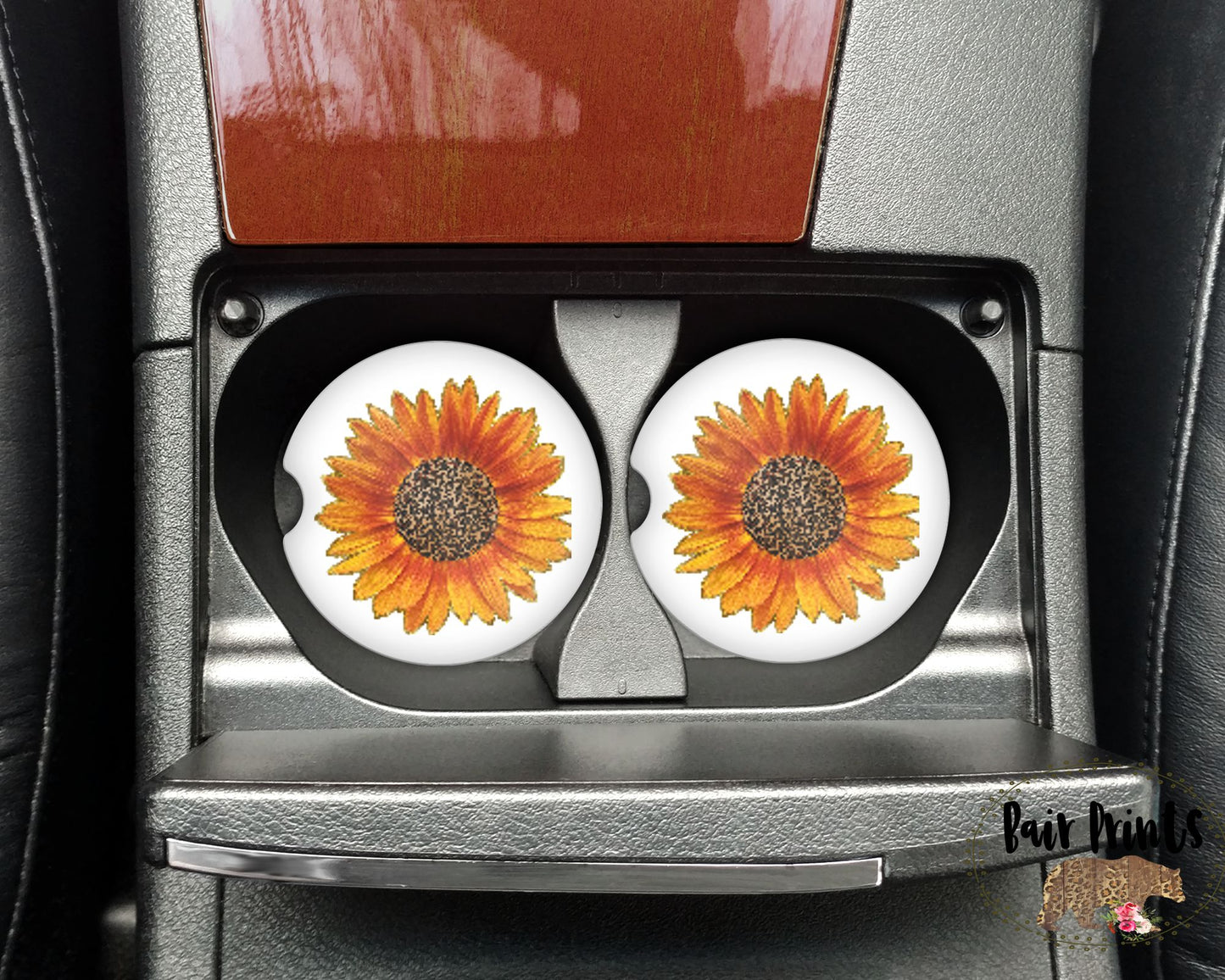 Orange and Leopard Sunflower Sandstone Car Coaster Set. - Bair Prints