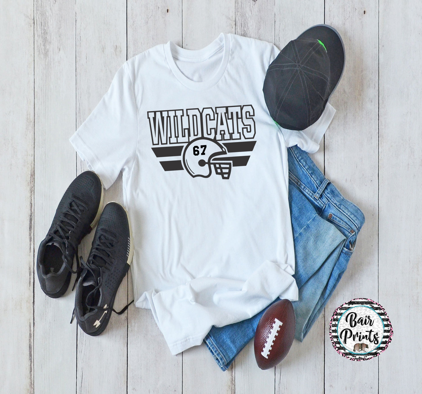 Wildcat Helmet Tee with Number. Adult Tee Shirt Multiple Colors Available. - Bair Prints