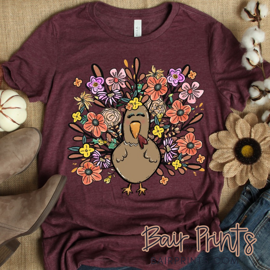 Turkey With Flowers DTG Printed T-Shirt