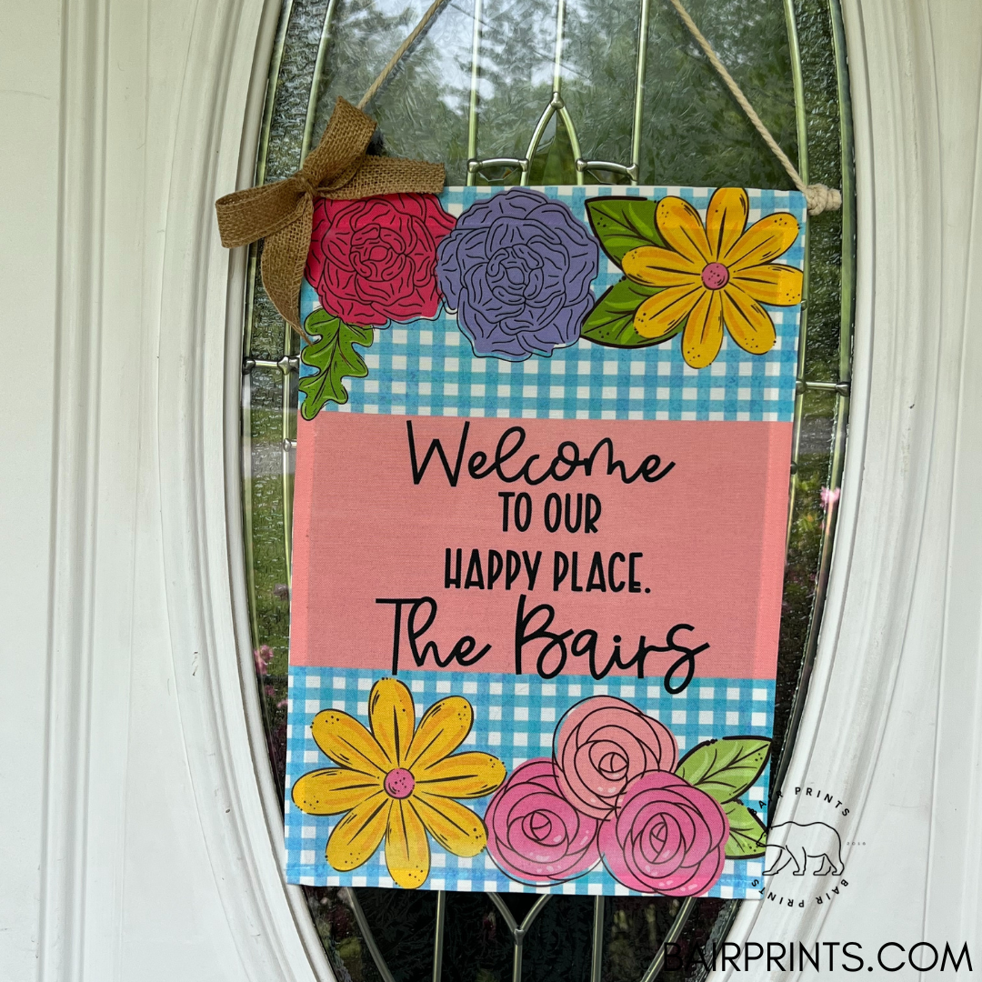 Welcome to Our Happy Place Personalized Blue Check Floral Door Flag