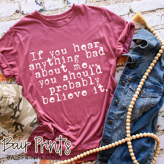 If You Hear Anything Bad About Me You Should Probably Believe It Screen Printed Tee