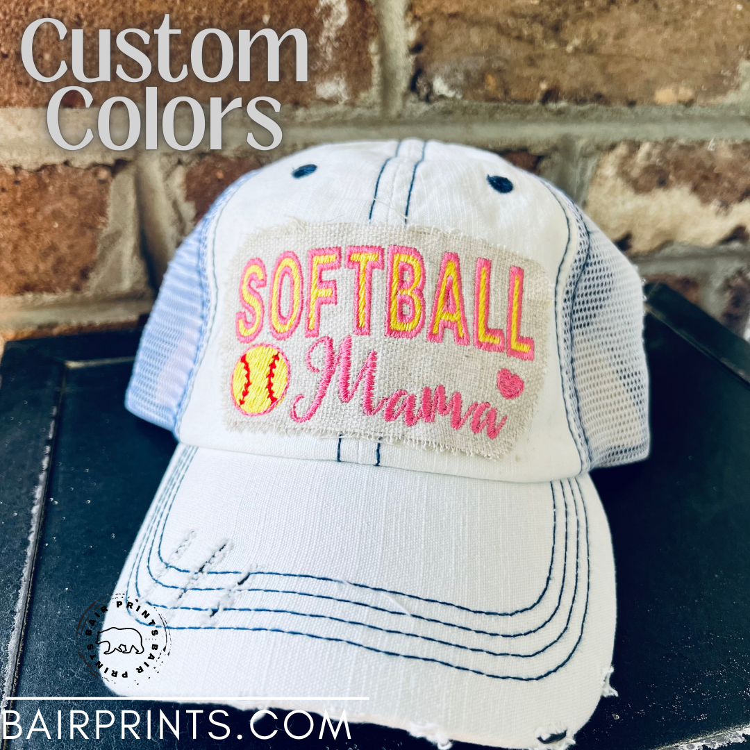 Softball Mom with A Mini Softball Embroidered Trucker Hat