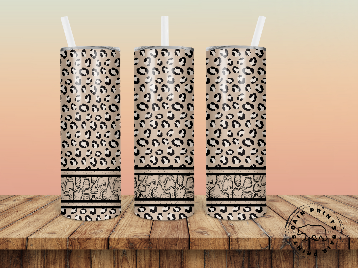Animal print 20oz stainless steel tumbler with lid and straw.