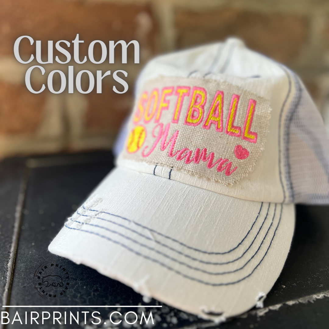 Softball Mom with A Mini Softball Embroidered Trucker Hat