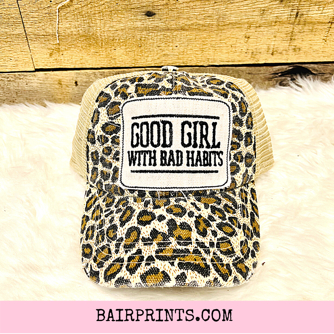 Good Girl Bad Decision Leopard Trucker Hat. Womens Snarky Trucker hat