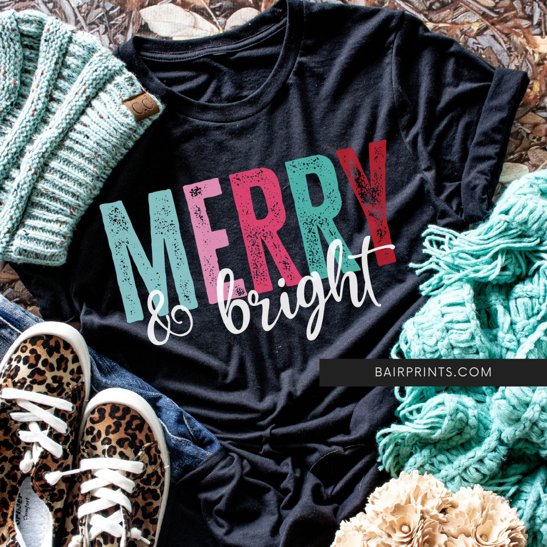 Merry and Bright Pink Letters Short Sleeve Shirt.