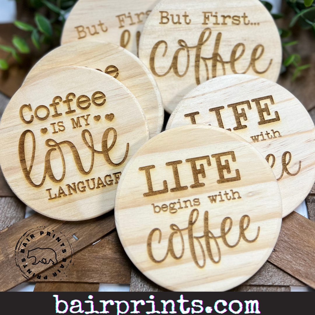 6 Wood Fun Coffee Saying Table Top Coasters with Holder