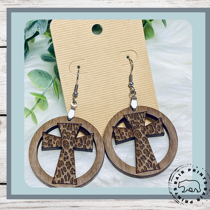 Cross Leopard Earrings. Walnut Wood Cross Earrings