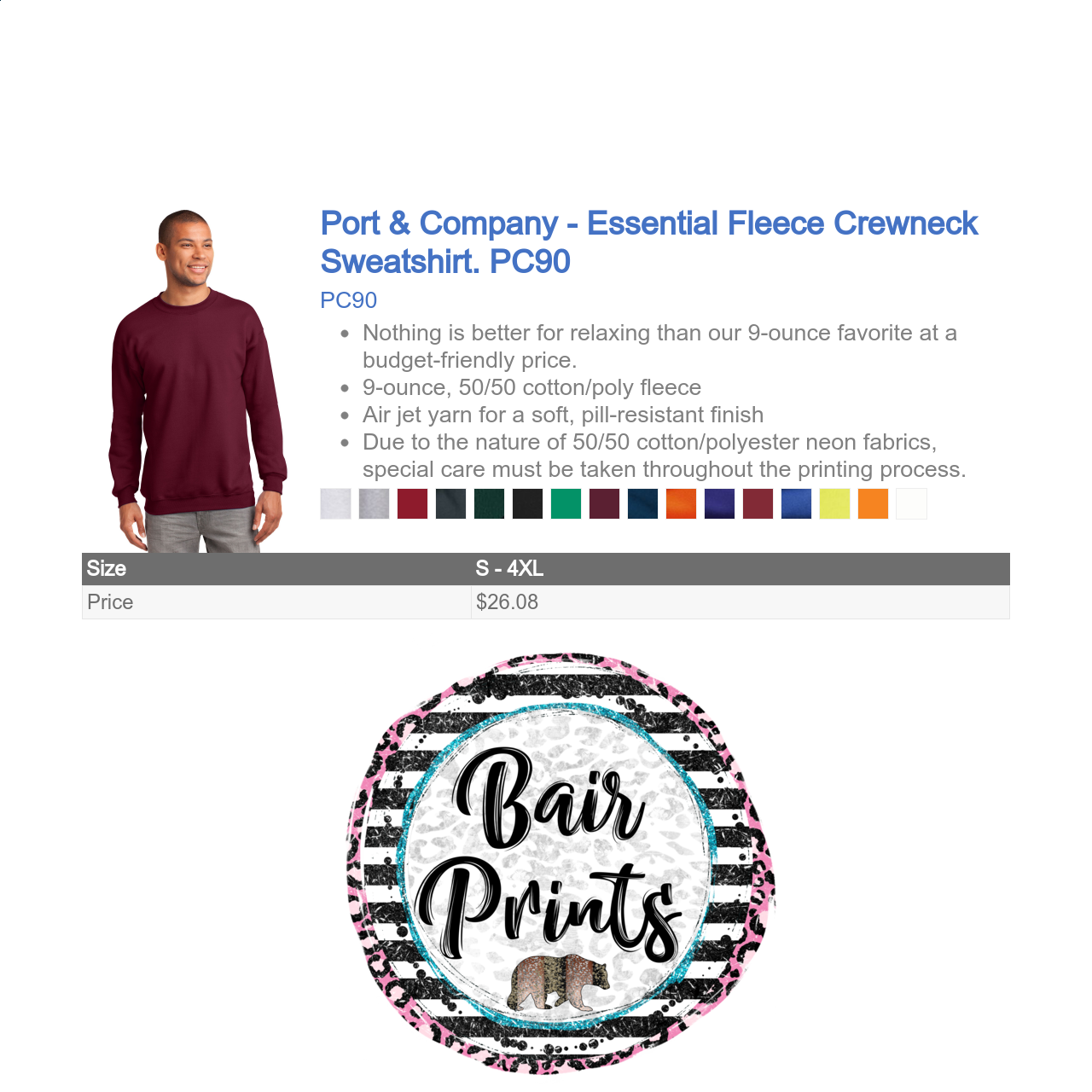 Port & Company® Essential Fleece Crewneck Sweatshirt. PC90 - Bair Prints