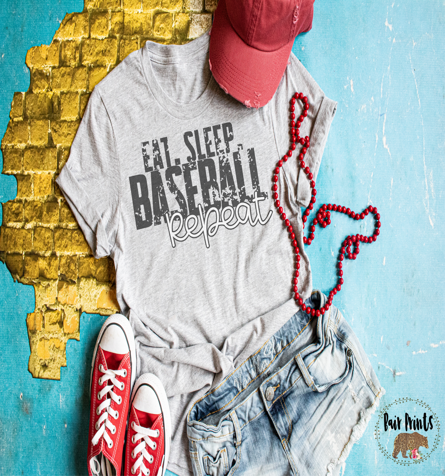 Eat Sleep Baseball Repeat Distressed Tee Shirt. Size XS-3XL Unisex - Bair Prints