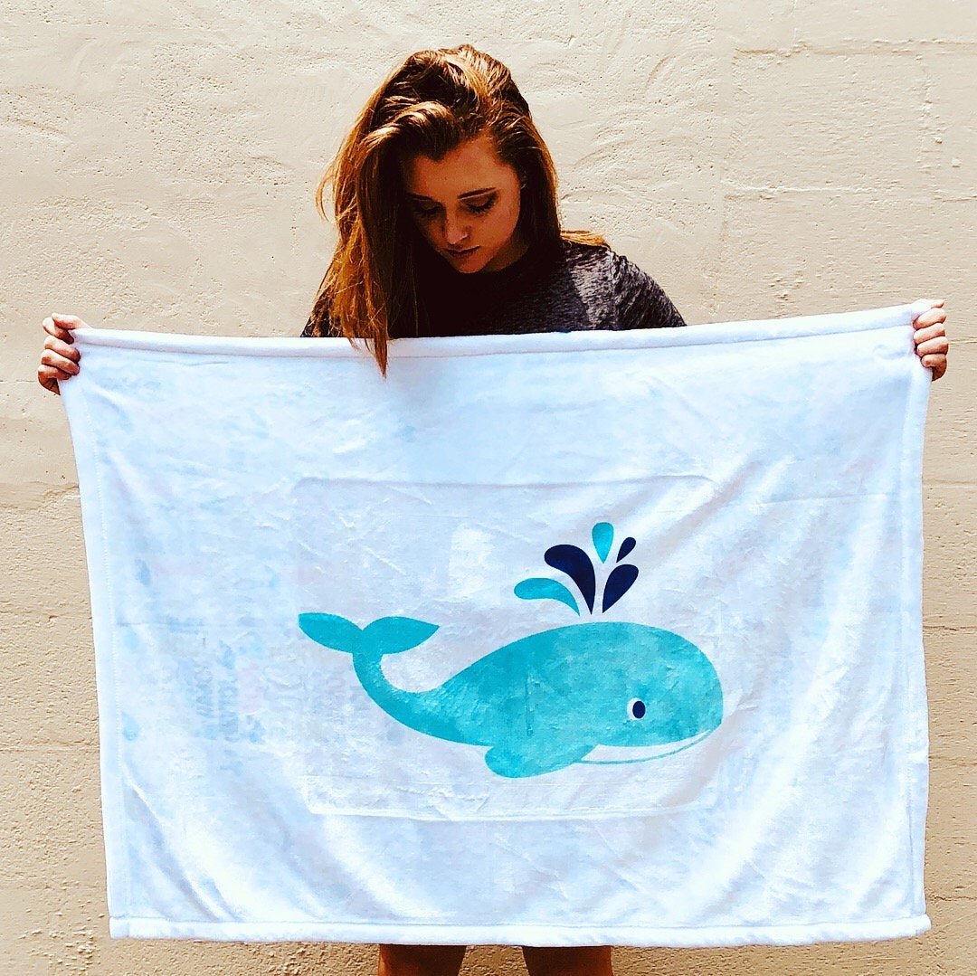 Blanket. Persoanlized Cusomized Micro Fleece Baby Blanket with whales and word art. Gift present for New parents, New baby, baby shower. - Bair Prints