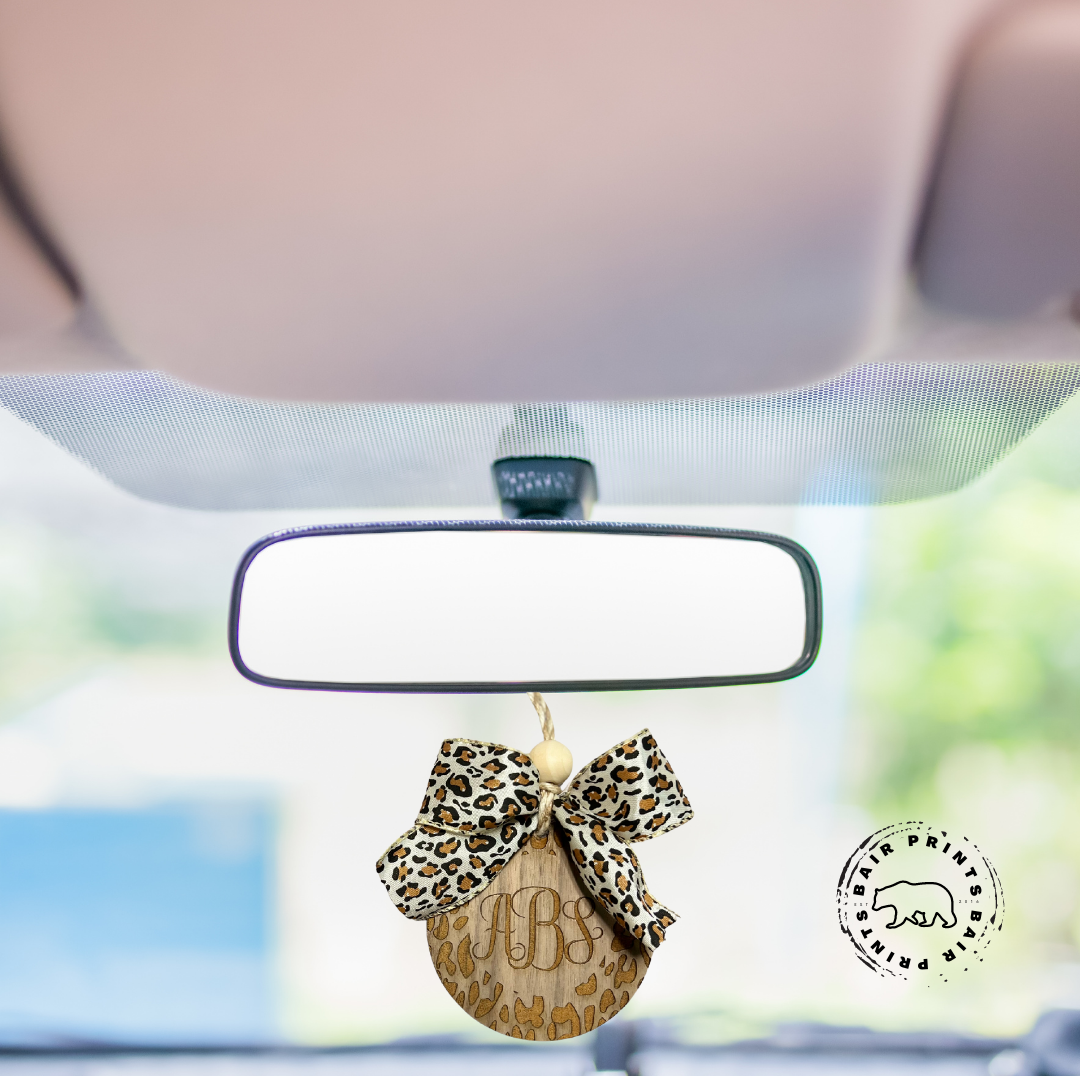 Round Leopard Wood Car Charm with Bow