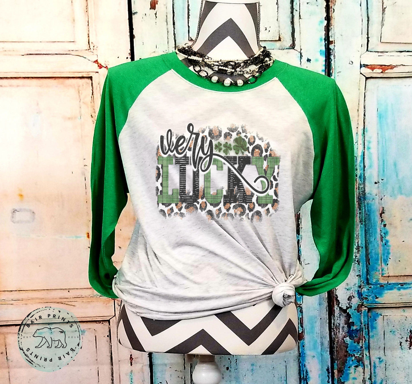 Very Lucky Leopard St. Patrick's Day Raglan. Small-3XL